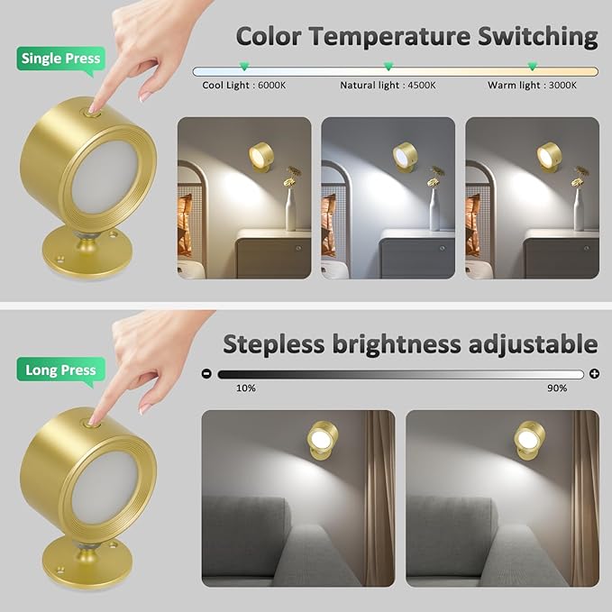 Lightbiz LED Wall Lights 3 Pcs with Remote, Sconces Lamp Rechargeable Battery Operated, 3 Color Temperatures & Dimmable Magnetic 360° Rotation Cordless for Bedroom Bedside