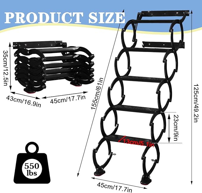 5 Steps Wall Mounted Attic Ladder, Indoor Attic Stairs Pull Down System, Metal Telescoping Step Ladders, Anti-slip Retractable Folding Stair, Loft Extension Steps Staircase for Garage (black, 5 Steps)