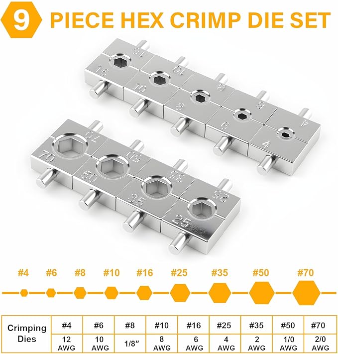 Hydraulic Crimping Tool With 9 Pairs Of Dies, 12 To 2/0 Awg, Hydraulic Wire Battery Cable Lug Terminal Crimper Crimping Tool, Crimping Easier