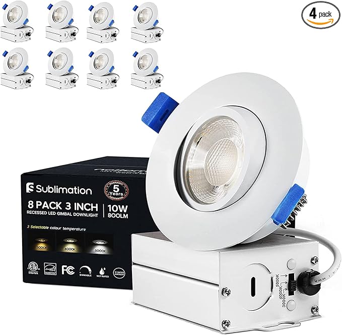 Sublimation 8 Packs 3 Inch led recessed Light,Waterproof recessed Lights for Shower，Ultra-Thin 10w with Junction Box,3 Colors Adjustable,Suitable for Bathroom,Parlor,Bedroom,Kitchen,Balcony