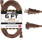 Iron Forge Cable 2 Prong Outdoor Extension Cord 6 ft, 16/2 SJTW 6 Foot Brown Extension Cord, Weatherproof - Great for Outdoor Lights, Deck, Patio