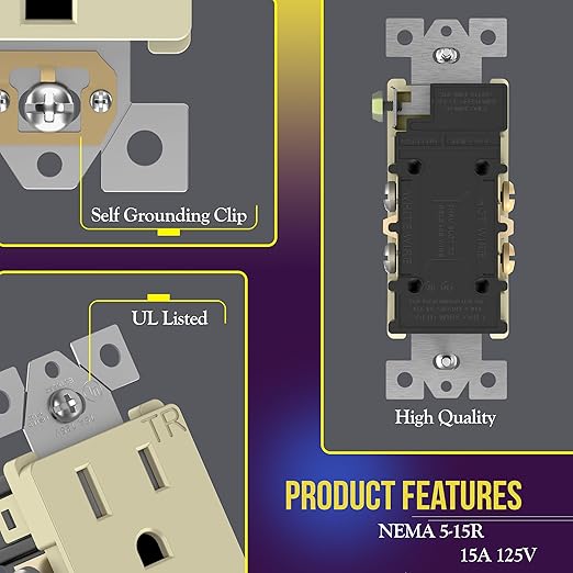 ENERLITES Decorator Receptacle Outlet, Tamper-Resistant, Gloss Finish, Residential Grade, 3-Wire, Self-Grounding, 2-Pole, 15A 125V, UL Listed, 61501-TR-I-10PCS, Ivory (10 Pack)
