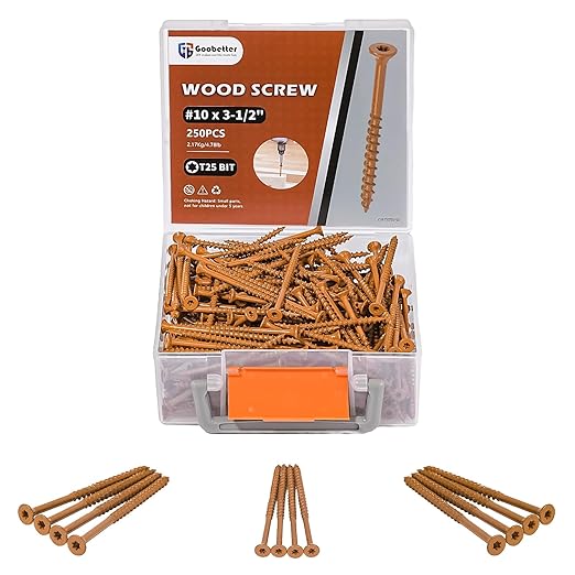 Wood Screws #10 x 3-1/2", Construction Fence Screws, 250 Pcs Deck Exterior Screws for Wood, Rust Resistant, T25 Star Bits Included, Brown