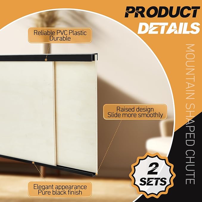 Landical 2 Sets Plastic Sliding Door Track Set for 1/4" Thick Panels Glass Cabinet Door Hardware System Window Sliding Track Easy Quick Installation(4ft,Black)