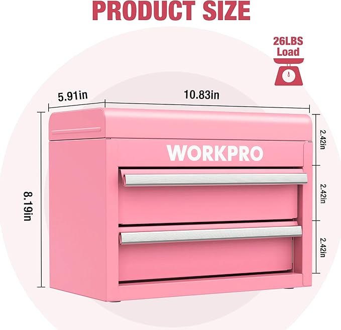 WORKPRO Mini Metal Tool Box with 2 Drawers and Top Storage, Small Tool Chest with PVC Liners and PP Feet Pads, Cold Rolled Steel Toolbox with Magnetic Tab - Pink Ribbon