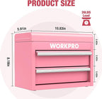WORKPRO Mini Metal Tool Box with 2 Drawers and Top Storage, Small Tool Chest with PVC Liners and PP Feet Pads, Cold Rolled Steel Toolbox with Magnetic Tab - Pink Ribbon