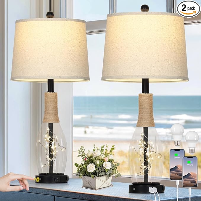 28" Tall Coastal Table Lamps Set of 2, Glass Black Modern Table Lamps with 3-Way Dimmable Touch Control Fairy Lights & Type-C Charging, Beach Nautical Bedside Lamps for Living Room Bedrooms End Table