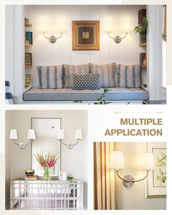 Emak 2-Light Bathroom Light Fixtures, Modern Brushed Nickle Vanity Light with Fabric Shade, Wall Sconces for Bathroom, Living Room, Bedroom, VL116-BN-2