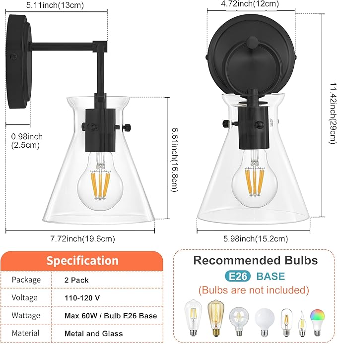 Wall Sconces Set of 2 Modern Vanity Light Fixtures for Bathroom Black Wall Mount Lighting Lamp Hardwired Farmhouse Wall Lights with 6 Inch Clear Glass Shade for Bedroom Living Room Mirror