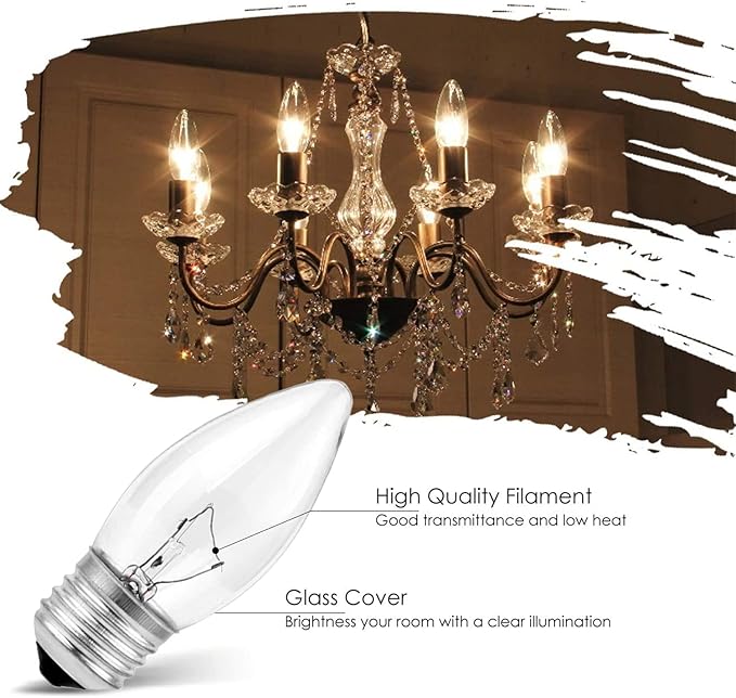 40W Incandescent Torpedo Tip Chandelier with Crystal Clear Incandescent Light Bulbs Tip Light Bulb and Medium E26 Candelabra Base (6 Pack) (6)