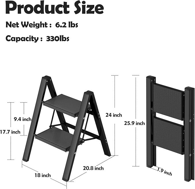 Taranta 2 Step Ladder,Aluminum Lightweight Folding 2 Step Stool with Anti-Slip Wide Pedal, 330lbs Capacity Step Ladder for Household,Kitchen,Office - Black