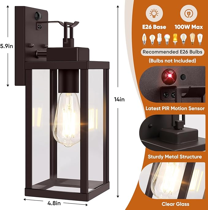 BesLowe 14” Upgraded Motion Sensor Outdoor Wall Lights, Dusk to Dawn Porch Lights Outdoor Wall Sconces, 3 Lighting Modes Exterior Lighting Fixtures with Hooks, Brown Outside Lights for House, 2-Pack