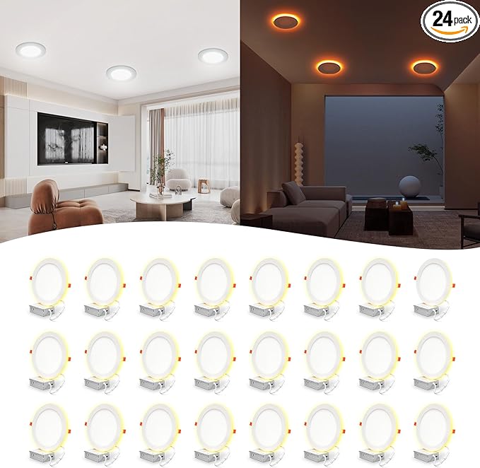 24 Pack 8 Inch Led Recessed Lights with Night Light, Canless Ultra Thin Wafer Soffit Recessed Lighting Downlight, Dimmable & 5 Color Temperature Selectable, 15W, ETL, White