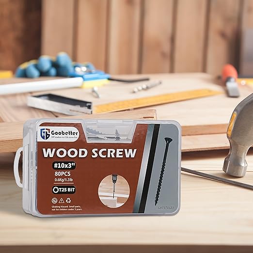 Deck Screws 3 Inch, Wood Screws #10 x 3, 80PCS Exterior Wood Screws, Torx Star Flat Head, Fence Construction Screws, Rust Resistant Epoxy Coated, T25 Bit Included, Black