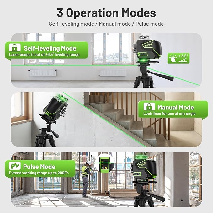 Huepar Laser Level 360 Self Leveling, 4x360° Green 4D Cross Line Laser with LCD Screen, Bluetooth Outdoor Pulse Mode Laser Tool for Construction -Remote Control, Li-ion Battery or 4 AA Batteries-S04CG