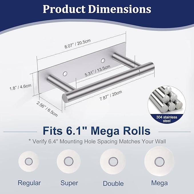 Brushed Nickel Toilet Paper Holder, Adhesive or Screw Toilet Roll Holder Wall Mount, SUS304 Stainless Steel Double Post Pivoting Toilet Roll Holder for Bathroom, Kitchen, Washroom