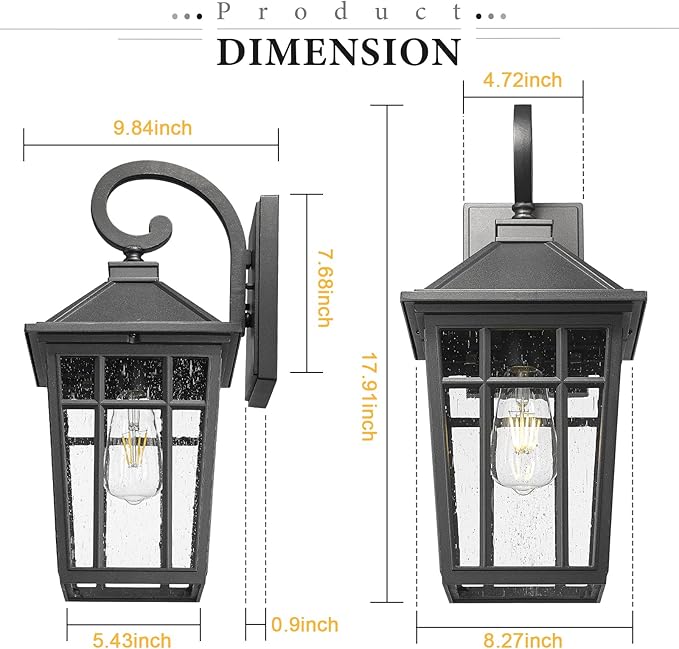 Darkaway Large Outdoor Wall Lights for House, 18inch Exterior Lighting Fixtures 2pcs Wall Mount Outdoor Porch Lights Black Outdoor Sconce Lights with Seeded Glass for Hallway Garage