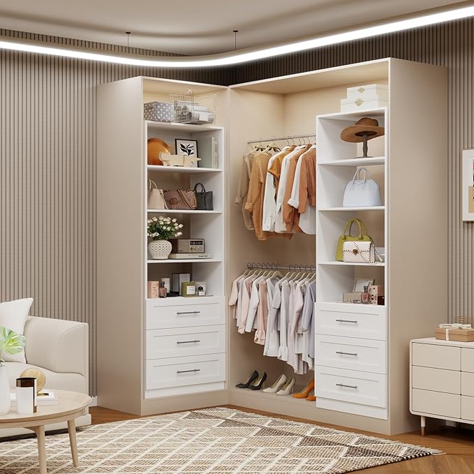 Closet System with Drawers, Wood Closet Organizer System with Adjustable Shelves and Extra Hanging Rod, 81"Tall Closet System for Small Closets, Modular Walk-in Closet System, White (4FT)