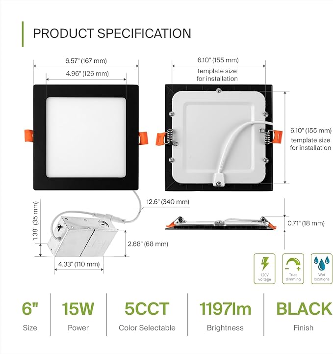 ASD 6 Pack LED Square Recessed Lighting 6 Inch, 5 CCT 2700K-5000K CRI90+, 15W 60W Eqv, Ultra Thin Dimmable Ceiling Lights with J Box, Canless Wafer Downlight, Slim Panel Light, UL Energy Star, Black