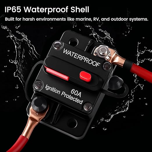 60A Waterproof DC Circuit Breaker with Manual Reset, 12V–48V Inline Fuse with Screws & Terminals for Trolling Motor, Marine, RV, Car Audio, Solar Battery System