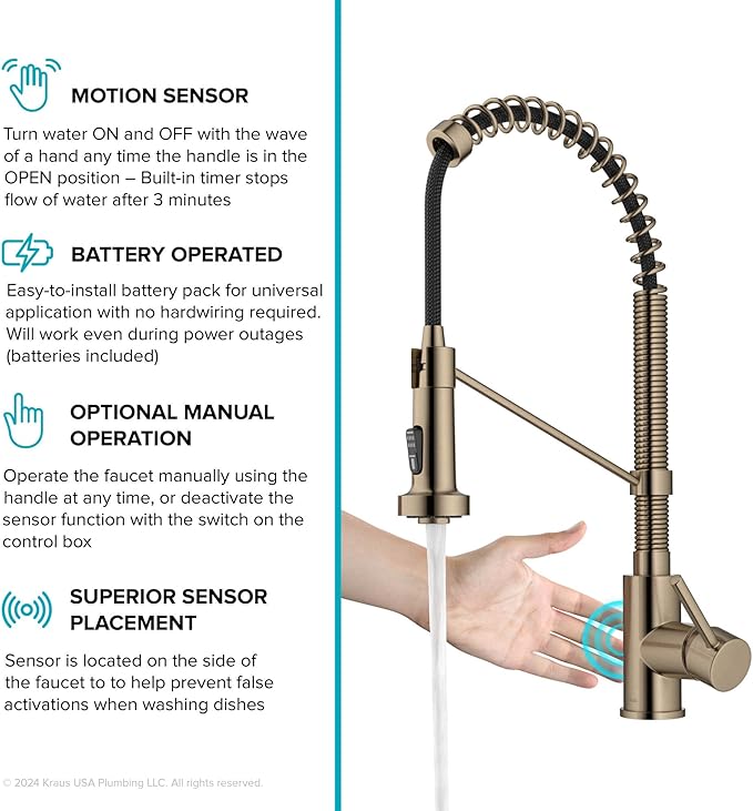 KRAUS Bolden Touchless Sensor Commercial Style 2-Function Single Handle Pull Down Kitchen Faucet in Spot-Free Antique Champagne Bronze, KSF-1610SFACB