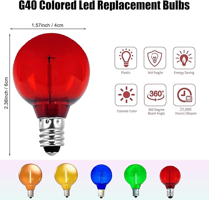 5 Pack G40 Red Led Replacement Bulbs,E12/C7 Candelabra Base,1 Watt Shatterproof Colored Bulbs for Christmas Halloween Outdoor Indoor Decor (Red)
