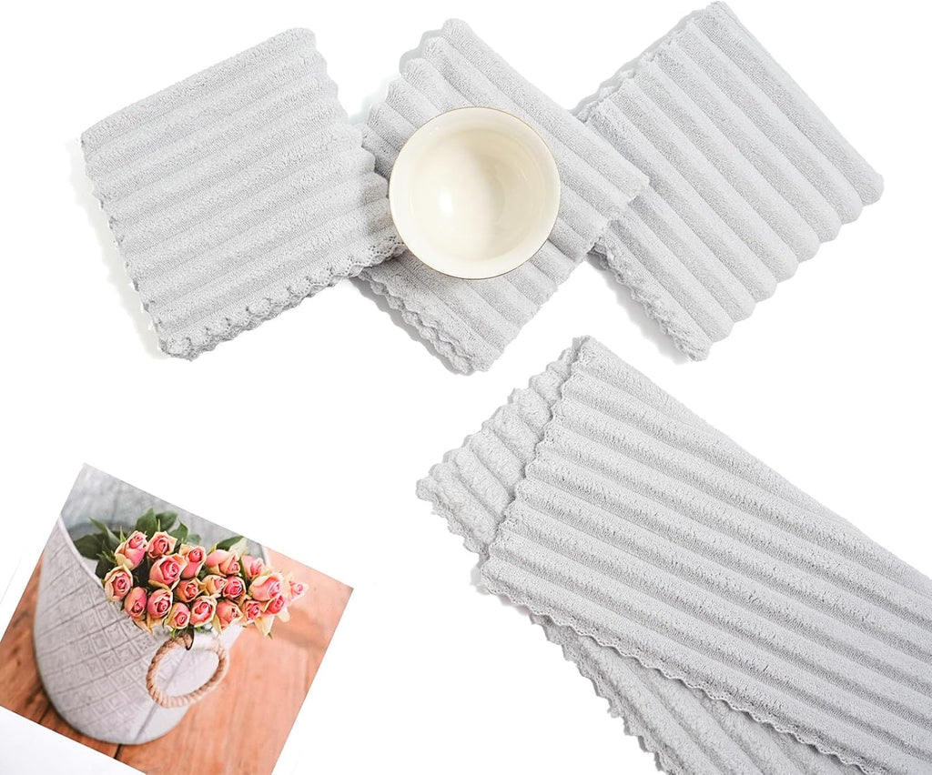 Kitchen Dish Cloths,Super Absorbent Coral Velvet Dish Towels,Quick Drying Kitchen Towels No Lint Dish Rags,Reusable Household Microfiber Cleaning Cloth,12X12 inches(12 Pack,Light Grey Streak)