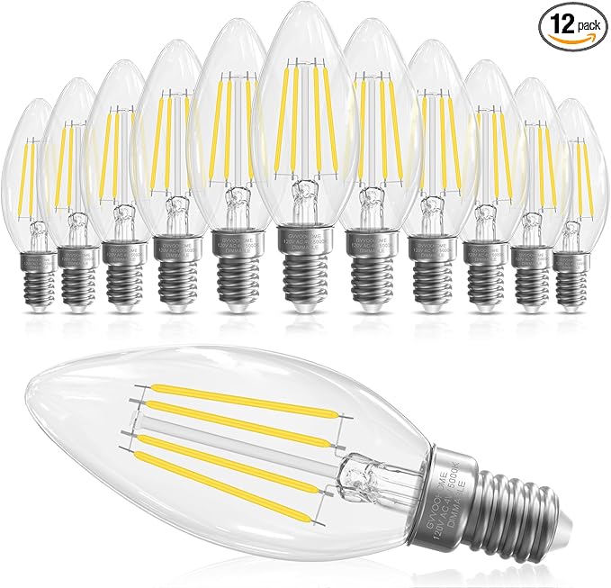 E12 Candelabra Bulb 40 watt Equivalent, E12 LED Bulb Dimmable Chandelier Light Bulbs, 5000K Daylight B10 Candle Light Bulbs, 90+CRI, 400LM, Cear Glass, 12 Pack