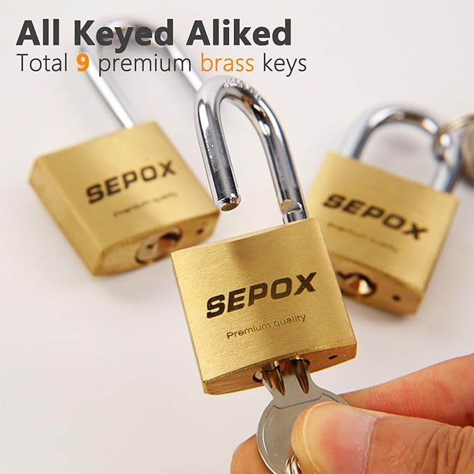 SEPOX® 6 Pcs Pack Heavy-Duty Solid Brass Padlocks with Same Keys 9 Pcs, Weather Proof Body 40mm 1-9/16", Anti-Rust & Anti-Cut Shackle, Outdoor Lock Keyed Alike for Gates, Shed, Fence, Gym Locker