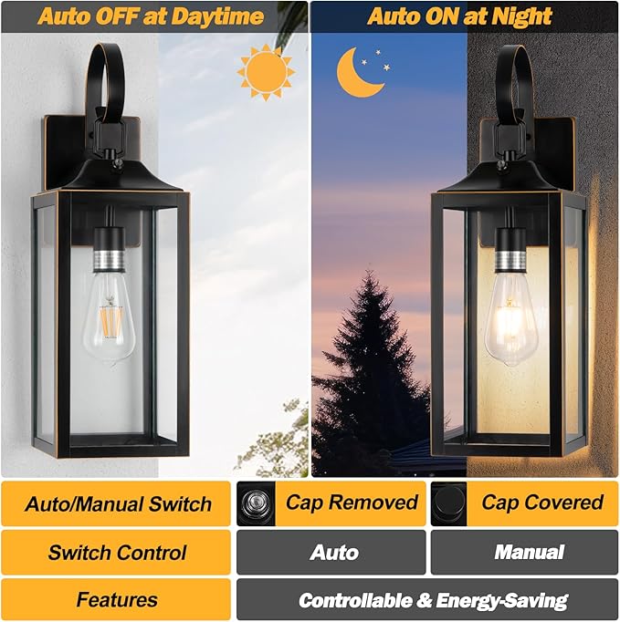 19" Dusk to Dawn Outdoor Lighting 2 Pack, Large Outdoor Wall Lights Dusk to Dawn, Black Sensor Porch Lights Exterior Lighting Fixtures Wall Mount for House Garage -with Gold Trim