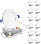 12 Pack 4 Inch LED Recessed Ceiling Light| 5CCT Dimmable 2700K-5000K| RA90 750LM 9W 120V| Ultra-Thin High Brightness Canless Wafer Downlight with Junction Box| IC ETL FCC Certification