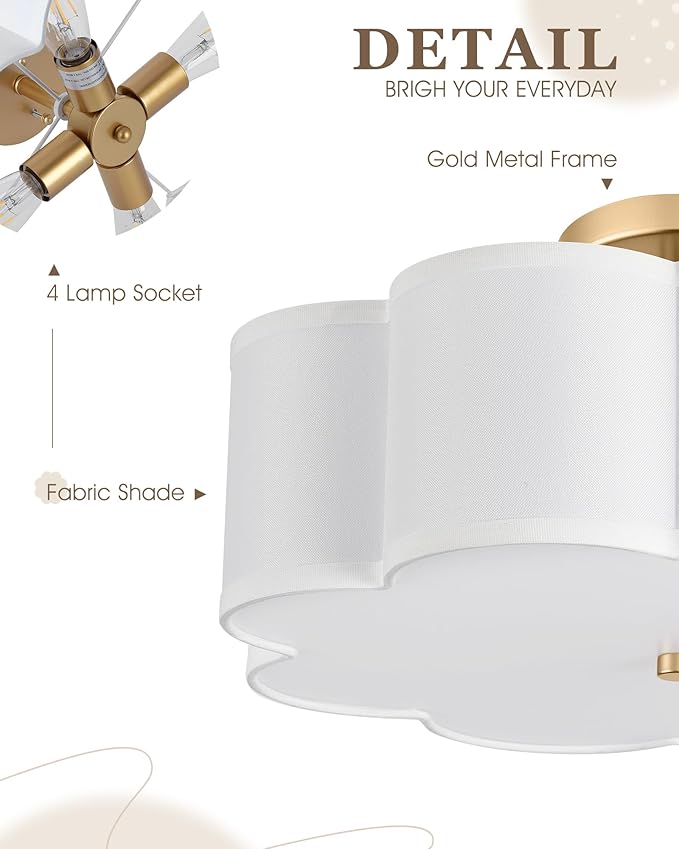 Gold Semi Flush Mount Ceiling Lights, 4-Light 18" Ceiling Light Fixtures with Fabric Shade in Flower Shape, Farmhouse Brass Drum Lighting for Nursery Bedroom Kitchen, AD-22009-4SF-GD