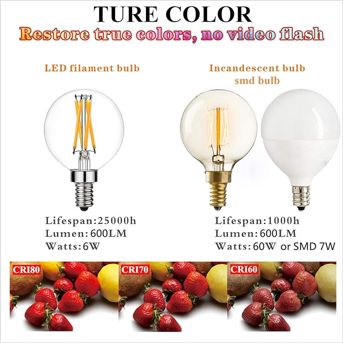 LiteHistory Dimmable G16.5 LED Light Bulb 6W Equal 60W 600lm AC120V Candelabra Bulb 60W for Chandeliers, Ceiling Fan, Vanity Warm White 2700K Globe Light Bulb 6Pack