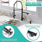 GIMILI Commercial Kitchen Faucet with Pull Down Sprayer, Double Headed Single Handle High Pressure Kitchen with Soap Dispenser Matte Black&Gold