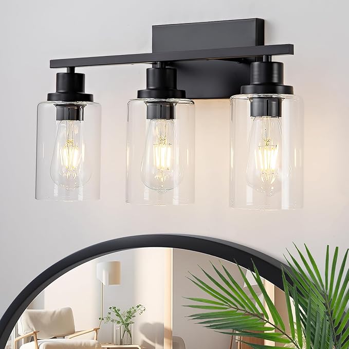 3 Light Bathroom Light Fixtures Black Vanity Light Over Mirror Modern Farmhouse Wall Lighting Sconces Rustic Industrial Wall Lamp for Bathroom, Bedroom, Living Room E26 Socket with Glass Shade