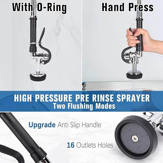 21" Height Commercial Sink Faucet Deck Mount with Pre-Rinse Sprayer, Commercial Kitchen Faucet with 8" Add-on Swing Spout Faucet & Spring Pull Down Sprayer, 8" Adjustable Center Kitchen Faucet