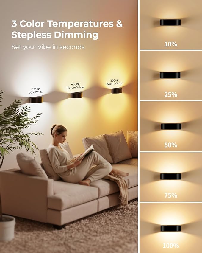 Motion Sensor Wall Lights with Remote, Rechargeable 5000mAh Battery Operated Wall Sconces, 18-Color Dimmable UP and Down LED Lamp for Living Room, Bedroom, Hallway (4-Pack, Black)