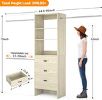Homieasy 96 Inches Closet Organizer System, 8FT Customizable Walk In Closet Organizer with Hanging Rods, 3 Leather Handle Drawers Garment Rack, 96" L x 16" W x 75" H, Max Load 1000 LBS, White Oak