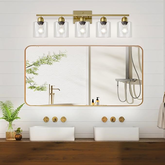Modern Brushed Gold 5 Light Bathroom Vanity Light,31 inch Vanity Lights for Bathroom with Clear Glass for Mirror Kitchen Living Room Hallway Cabinet Porch