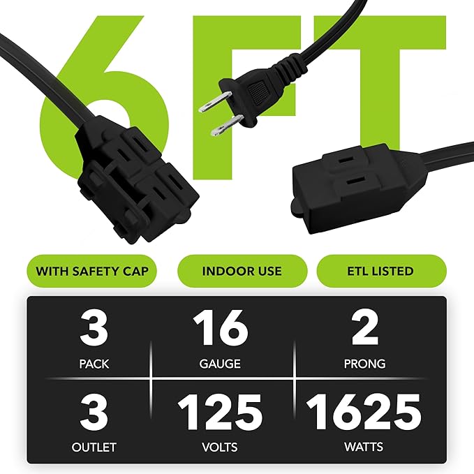 HBN Extension Cord, 3-Pack 6FT Black, 2 Prong Indoor Extension Cord 16/2 SPT-2, 13A, 1625 W, 3-Outlet Extension Cords for Home/Office Use