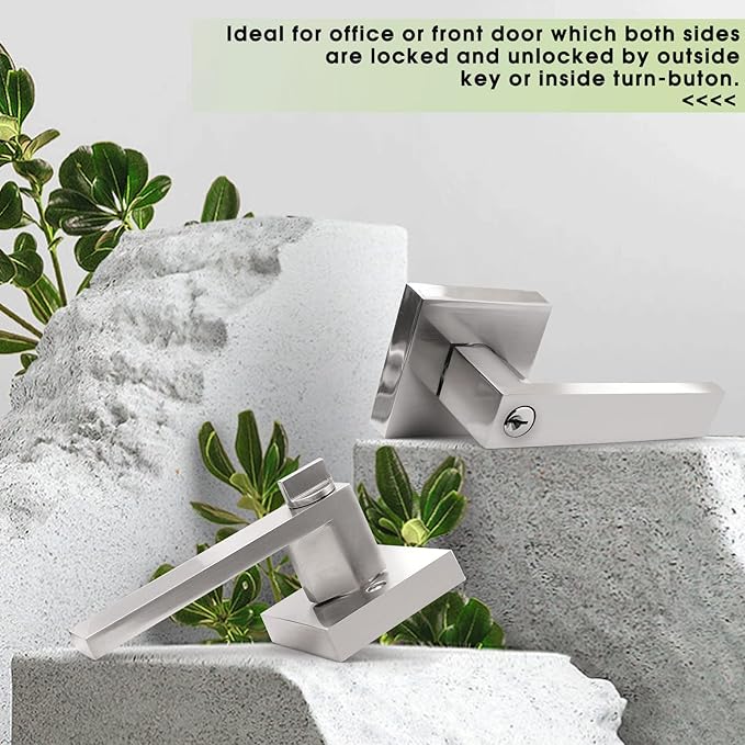 Gobrico 1 Pack Square Door Lever with Lock and Key for Exterior Interior Door in Satin Nickel