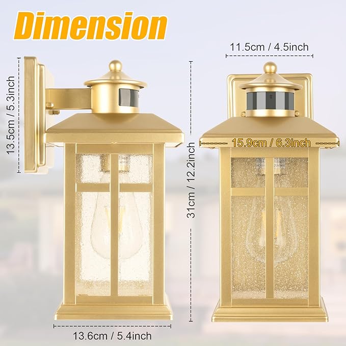 2-Pack Gold Exterior Motion Wall Sconces, Outdoor Waterproof Wall Light Fixtures Wall Mount, Dusk to Dawn Outside Lights for House with E26 Socket, Outside Lighting for Doorway, Garden, Home