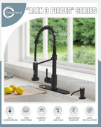 Kitchen Faucet Set, Black Kitchen Sink Faucets with Pull Down Sprayer and Soap Dispenser, Single Handle Stainless Steel Faucets for Kitchen Sinks, Farmhouse RV Faucet with Deck Plate