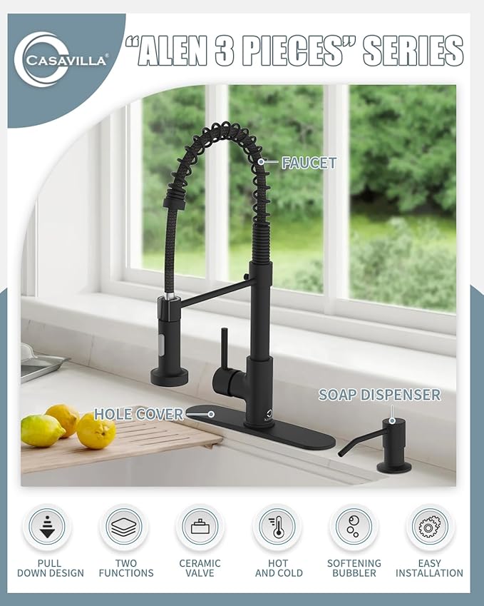 Kitchen Faucet Set, Black Kitchen Sink Faucets with Pull Down Sprayer and Soap Dispenser, Single Handle Stainless Steel Faucets for Kitchen Sinks, Farmhouse RV Faucet with Deck Plate