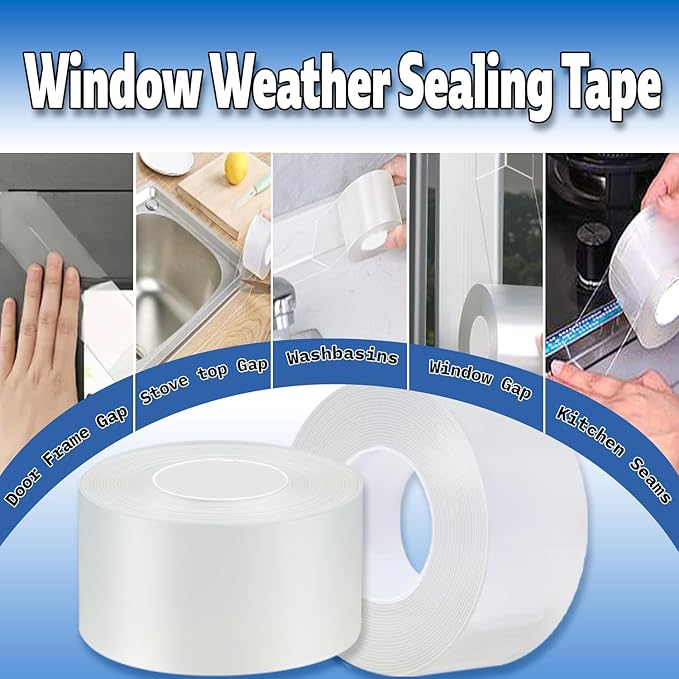 Window Weather Sealing Tape 2 Inch x 16.5 FT Weather Stripping Residue-Free Clear Window Insulation Caulk Tape for Doors Windows and Shower Glass Gaps Bathroom