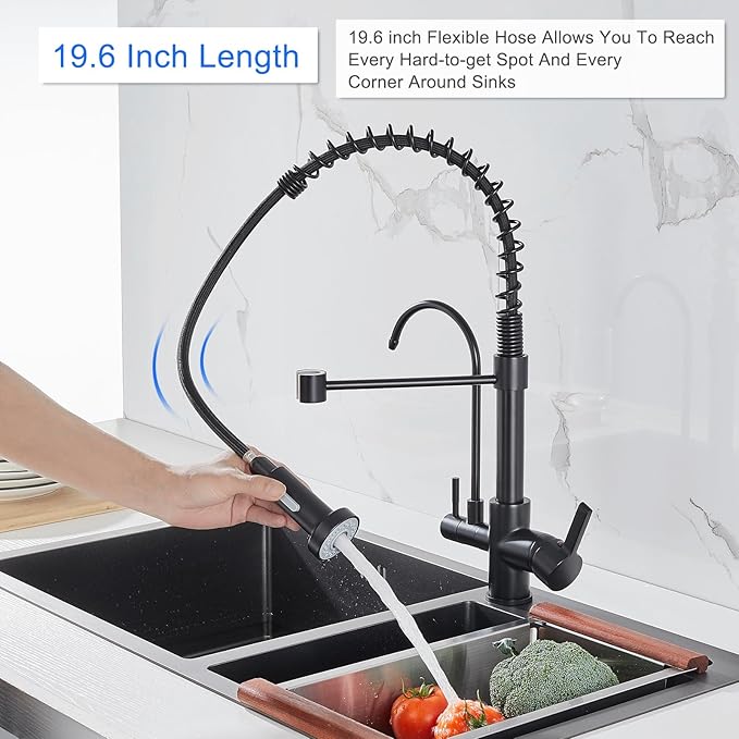 MENATT Commercial Matte Black Brass Faucet, High Arc 3 in 1 Kitchen Sink Faucet with Pull Down Sprayer, RO System Water Filter Integrated
