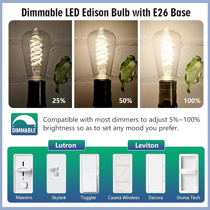 4-Pack Dimmable Vintage LED Edison Bulbs, E26 LED Bulb 60 Watt Equivalent, Neutral White 4000K, ST19/ST58 Antique Spiral Filament Decorative Light Bulb.