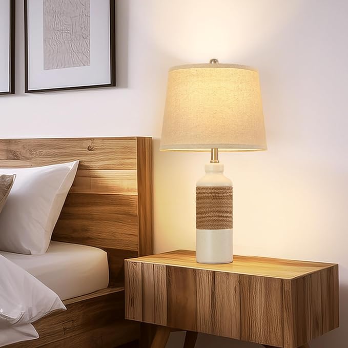 GyroVu Boho Rattan Table Lamp Set of 2, 3 Color Temperature Bedside Lamps, Lamps for Night Stands, Vintage Farmhouse Rattan Table Lamp Antique Lamp for Decoration, Living Room Bedside Table