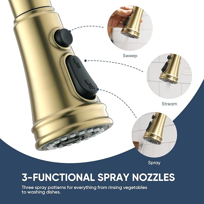 WEWE Vintage Kitchen Faucet with Pull Down Sprayer, Stainless Steel 1 or 3 Hole High Arc Single Handle Antique Sink Faucet for Classic Modern Ktichen, Gold