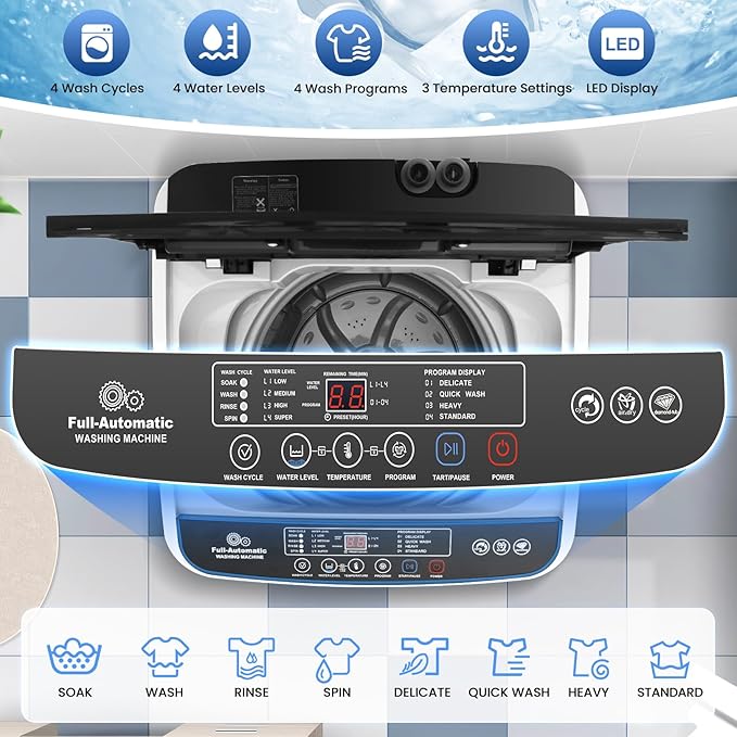 Nictemaw Portable Washing Machine 20Lbs, 2.8Cu.ft Full Automatic Portable Washer with 4 Water Levels 4 Wash Programs 3 Water Temp & Drain Pump, Compact Laundry Washer for Home, RV, Dorm